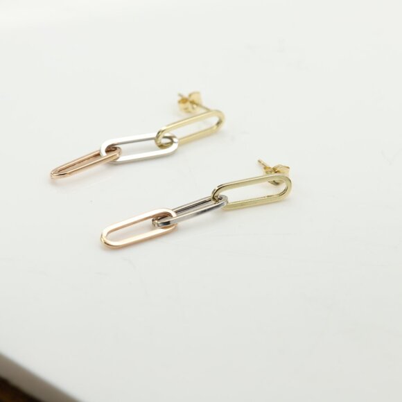 3 Color Gold Paperclip Earrings 5mm   1.5' Inch long Dangle Earrings Real 14k Go - Picture 7 of 9